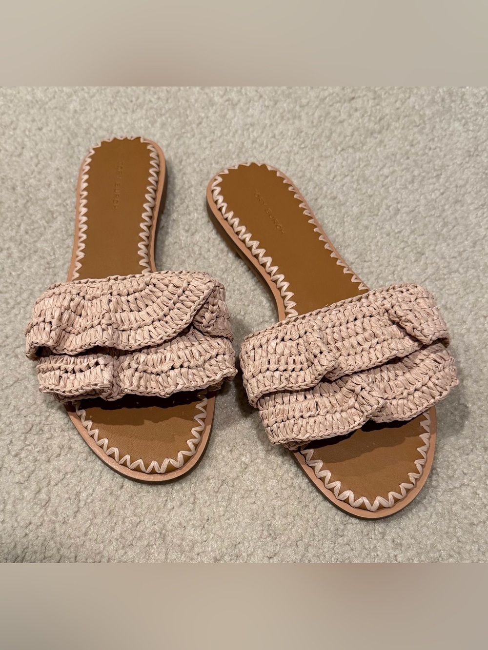 Tory Burch Pink Woven Ruffle Slide Sandals